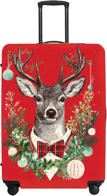 Reindeer Christmas Luggage Cover - Red Background with Wreath and Ornaments, Elegant Holiday Suitcase Protector for 18 20 22 Inch Travel