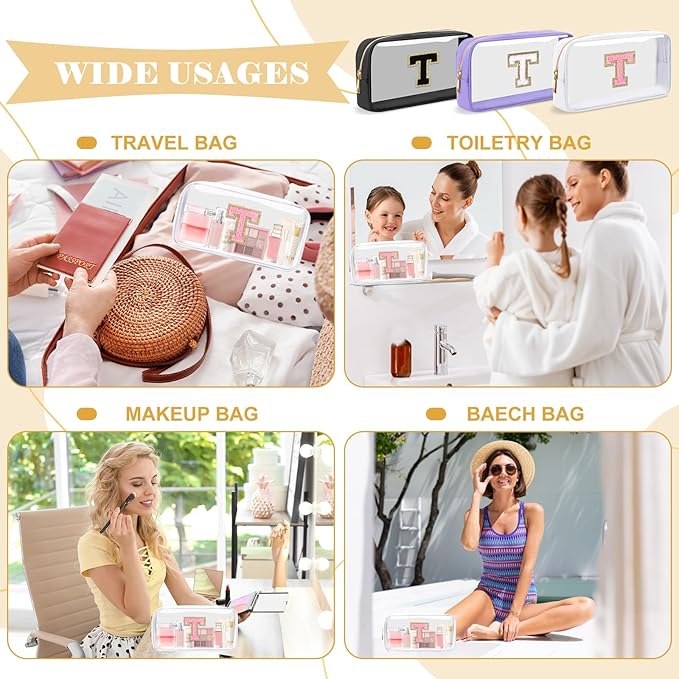 Personalized Initial Letter Clear Makeup Bag,Preppy Small Nylon&PVC Cosmetic Zipper Bag with Chenille Letter,Travel Skincare Toiletry Bag,Monogram Christmas Gift for Teen Girls Women,T