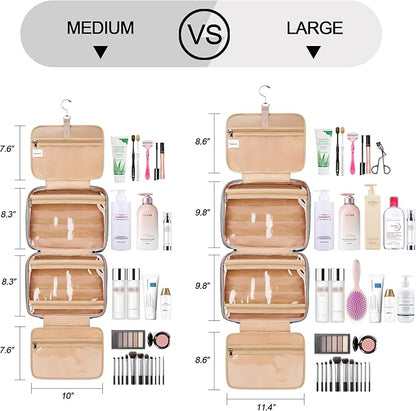 Travel Hanging Toiletry Bag for Women, Holds Full-Size Shampoo, with Jewelry Organizer Compartment, Extra Large Makeup Bag, Waterproof Cosmetic Bag, Toiletries Kit Set with Trolley Belt, Grey