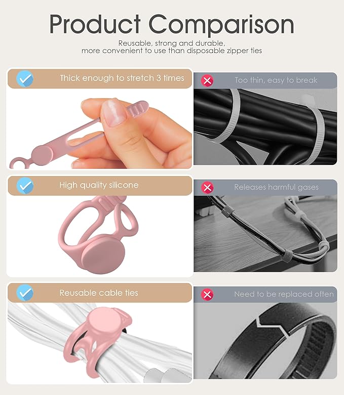 24Pcs Nearockle Silicone Cable Ties 3Inch Cord Organizer, Reusable Small Zip Ties Cable Organizer for Charging Cords Earphone Computer Wire, Office Desk Cable Management Travel Accessories(4 Colors)
