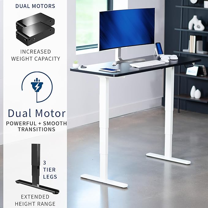 VIVO Electric 60 x 24 in Dual Motor Sit Stand Desk, Memory Height Adjustment, 2B Series, Black Top White Frame, DESK-KIT-2W6B