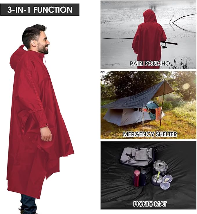 Unisex Rain Poncho for Adults, Hooded Waterproof Raincoat Jacket for Hiking, Camping and Outdoor