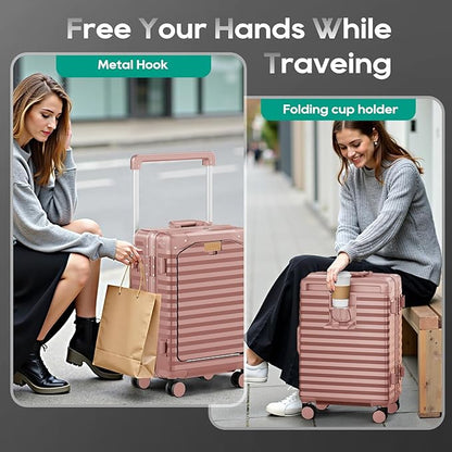 Joyway 20 Inch Carry on Luggage with Aluminium Frame and Front Pocket, PC Hardshell Suitcase with USB Port and Cup Holder, 21.5x14.2x9 Airline Approved, Luggage with Spinner Wheel TSA Lock(Rose Gold)