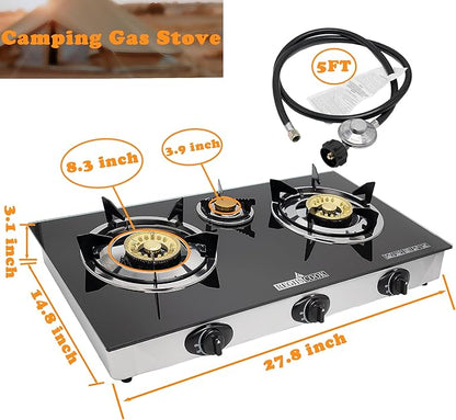 3 Burner Propane Gas Cooktop,Camping Portable LPG Gas Stove, Auto Ignition Tempered Glass Countertop Regulator Burner Grate