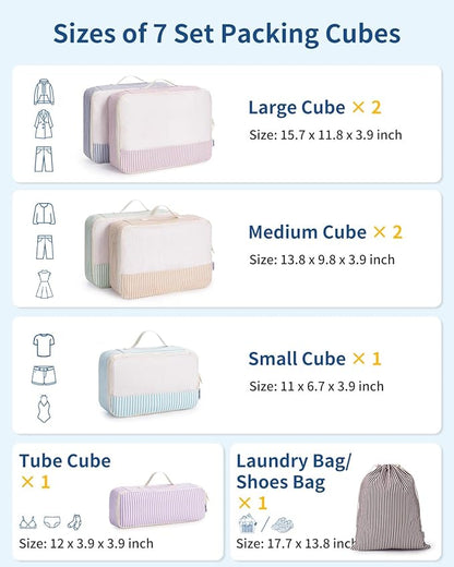Narwey 7 Set Striped Packing Cubes for Travel Carry on Suitcase Luggage Organizer Bags for Kids Women Men, Durable Packing Organizers Bag, Travel Essentials Accessories (Stripe Combined)