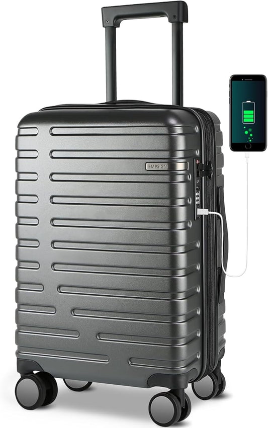 EMPSIGN Carry On Luggage with Spinner Wheels, Hard Shell Carry-On Expandable Suitcase 21x14x9 Airline Approved & Built-in TSA Lock, Durable Travel Rolling Suitcase, Carry-On 20-Inch, Dark Grey