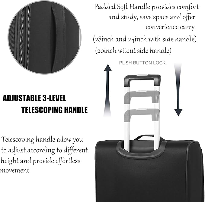 3pcs Set Softside Luggage Sets With Spinner Wheels, Expandable Softshell Suitcase Set with front pocket, 28inch, 24inch,20inch Lightweight fabric luggage(BLACK)