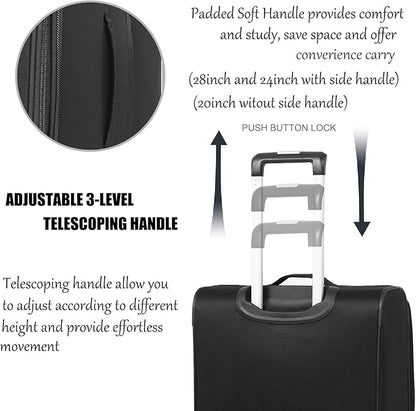 3pcs Set Softside Luggage Sets With Spinner Wheels, Expandable Softshell Suitcase Set with front pocket, 28inch, 24inch,20inch Lightweight fabric luggage(BLACK)
