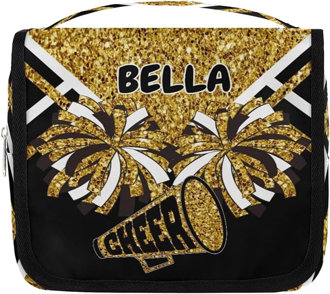 Custom Name Toiletry Bag Travel Bag with Hanging Hook, Cheerleading Makeup Cosmetic Bag Travel Full Sized Container Organizer for Shampoo, Toiletries. Gold Sequins with Black
