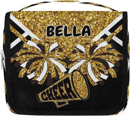 Custom Name Toiletry Bag Travel Bag with Hanging Hook, Cheerleading Makeup Cosmetic Bag Travel Full Sized Container Organizer for Shampoo, Toiletries. Gold Sequins with Black