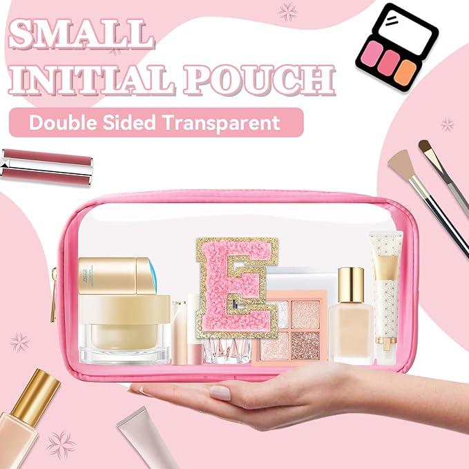 Small Clear Personalized Initial Makeup Bag,Nylon Preppy A-Z Chenille Letter Patch Cosmetic Pouch Beach Toiletry Bag,Waterproof Zipper Travel Purse Storage Bag Organizer for Women Girls(Pink-Pink E)