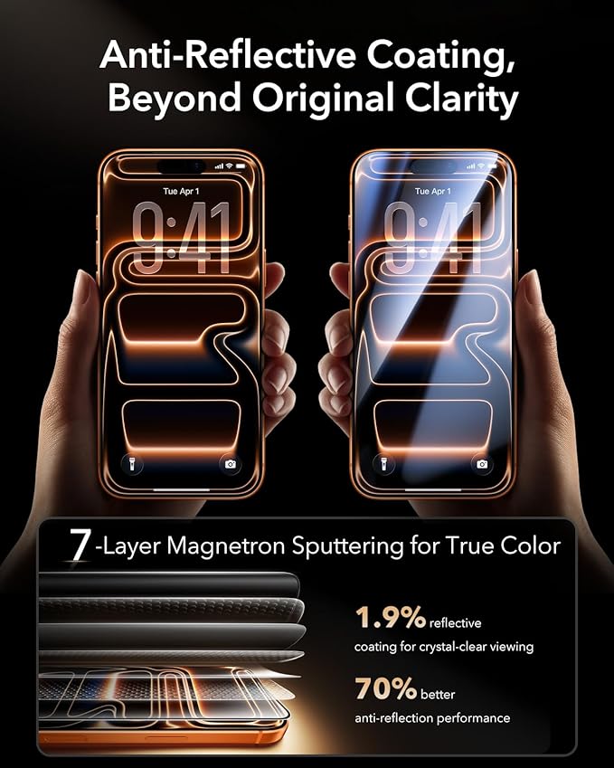 ESR Accessory Glass by Corning™ 3 Pack 9H+ Glass for iPhone 17 Pro Screen Protector, with AR Anti-Reflective Technology, Military Grade Shatterproof & Durable with UltraFit Tray