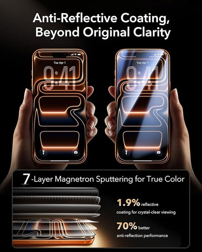 ESR Accessory Glass by Corning™ 3 Pack 9H+ Glass for iPhone 17 Pro Screen Protector, with AR Anti-Reflective Technology, Military Grade Shatterproof & Durable with UltraFit Tray