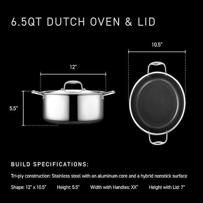 HexClad Hybrid Nonstick 6.5-Quart Oval Dutch Oven with Stainless Steel Lid, Stay-Cool Handles, Dishwasher-Friendly, Oven-Safe Up to 900°F, Induction Ready, Compatible with All Cooktops