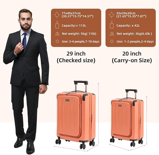 29 Inch Luggage, Top Opening Airline Approved ABS+PC Hard Shell Suitcases with Silent Wheels, TSA Lock,Front Pocket and Wet-dry Separated Six-piece Set (AD Orange, 29-Inch)