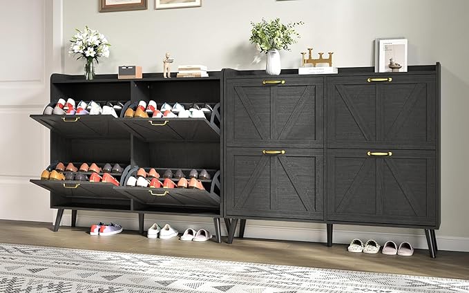 Shoe Storage Cabinet with 4 Flip Drawers, Shoe Cabinet Storage for Entryway Slim, Freestanding Black Shoe Cabinet, Farmhouse Shoe Organizer Hidden Shoe Cabinets with Wooden Legs, Black