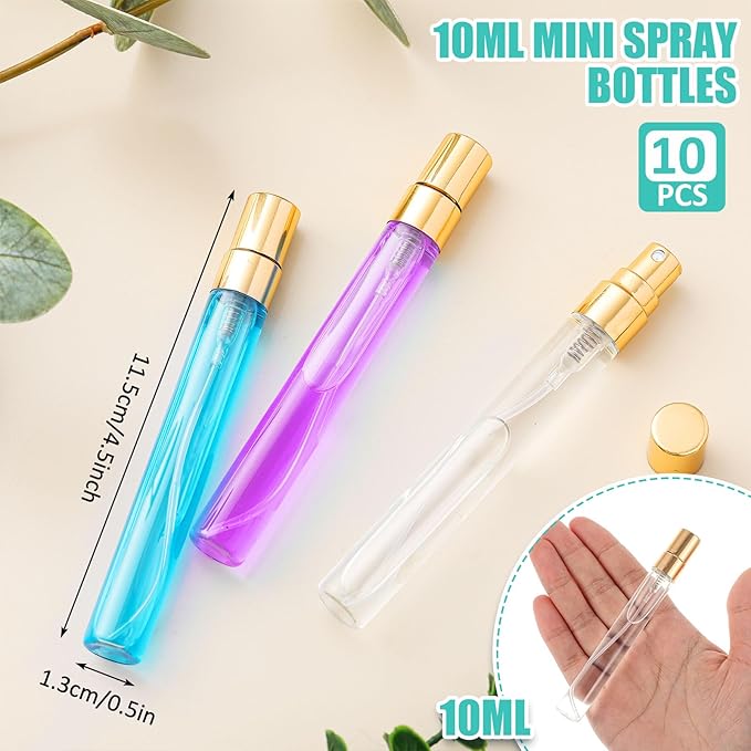 Zhehao 75 Pcs Mini Spray Bottles 10 ml Clear Glass Perfume Bottles Refillable Fine Mist Perfume Atomizer Portable Empty Sample Containers for Cleaning, Essential Oils, Travel (Gold Cap)
