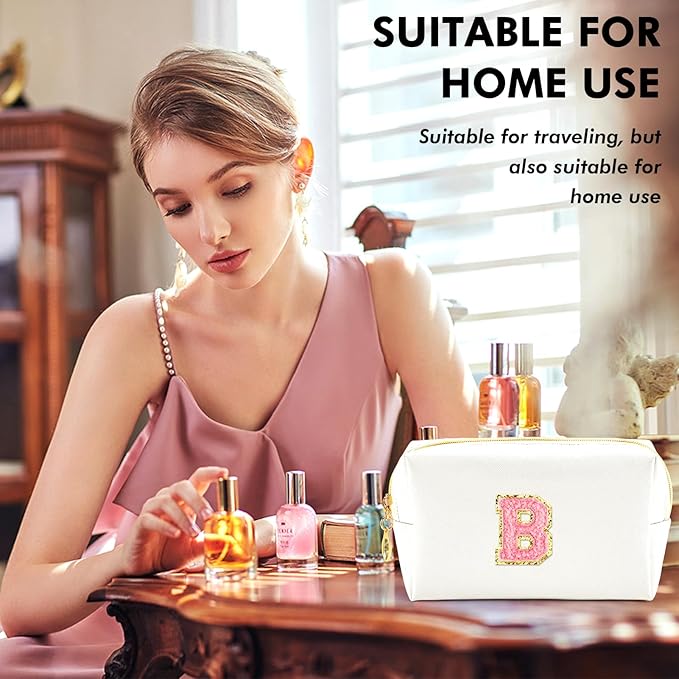 Initial Makeup Bag Personalized Preppy Travel Small Cosmetic Bag Cute PU White Chenille Letter Makeup Pouch for Purse Waterproof Zippered Toiletry Organizer for Women Girls Kids Friends (B)