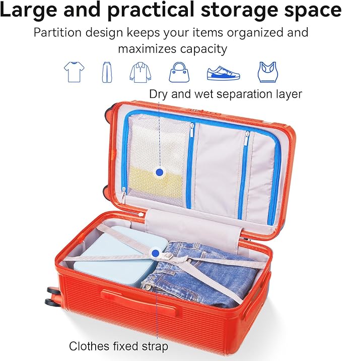 Travel Luggage Sets 3 Piece with Spinner Wheels, PC Hardside Suitcase Set for Family Trips with Cup and Phone Holder, Orange