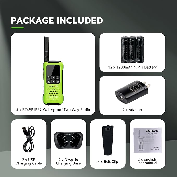Retevis RT49P Waterproof Two Way Radio, IP67 Waterproof Floating Walkie Talkies, Rechargeable Walkie Talkies for Adults, VOX, NOAA, Flashlight, SOS, for Kayaking, Camping, Skiing 4 Pcs Green