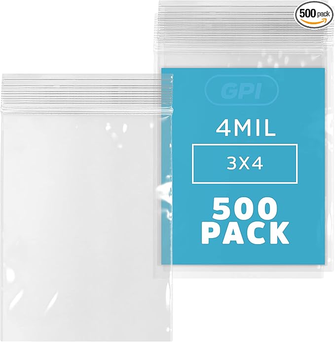 CLEAR PLASTIC REUSABLE ZIP BAGS - Bulk GPI Pack of 500, 3" x 4" 4mil Thick Heavy Duty, Strong & Durable Poly Baggies with Resealable Zip Top Lock For Travel, Storage, Packaging & Shipping.