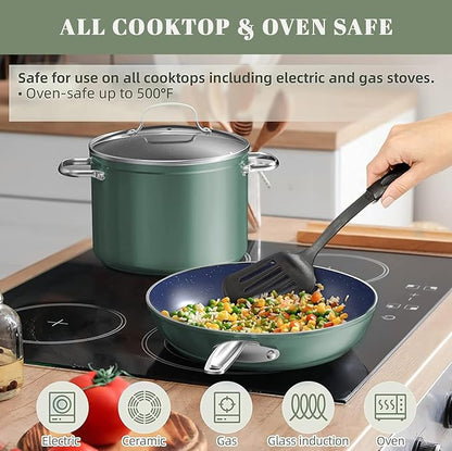 Nuwave Healthy Duralon Blue Ceramic Nonstick Coated 9pc Cookware Set, Scratch-Resistant Diamond Infused, PFAS Free, Induction Ready & Evenly Heats, Oven Safe, Tempered Glass Lids