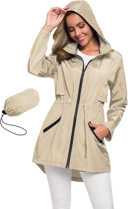 Avoogue Women's Long Raincoat with Hood Outdoor Lightweight Windbreaker Rain Jacket Waterproof