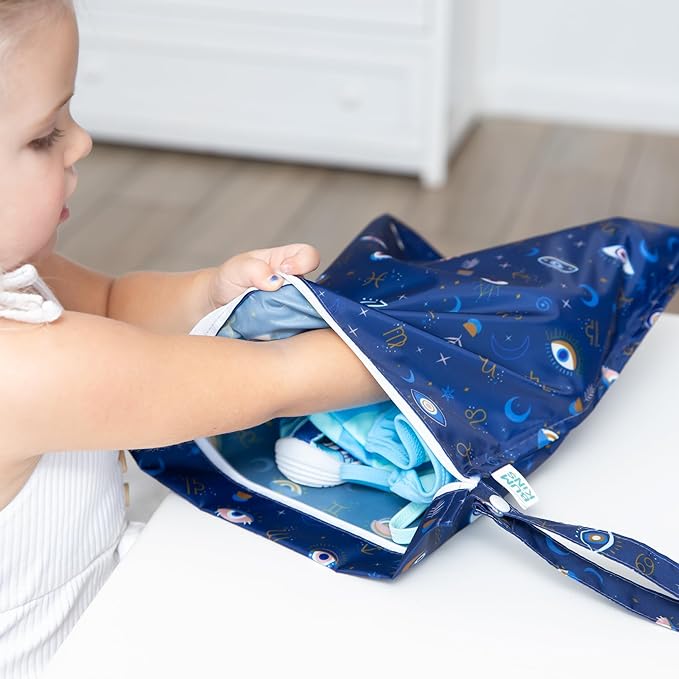 Bumkins - Waterproof Wet Bag & Wet/Dry Clutch Bags - For Beach, Baby, Travel, Swim Suit, Cloth Diapers, Pump Parts, Pool, Gym, Toiletries - Reusable & Easy to Clean - Evil Eye - 2 Pack