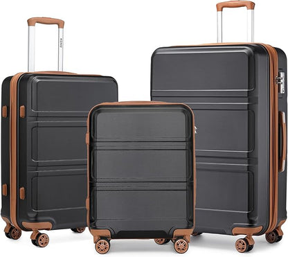 Kono 3 Piece Luggage Sets Expandable(only 28") with Spinner Wheels TSA Lock Lightweight PC+ABS Hardside Travel Rolling Suitcases 20in 24in 28in Carry on Apricot Black