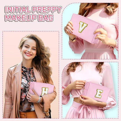 TOPEAST Preppy Makeup Bag, Small Cosmetic Travel Bags for Women, PU Leather Waterproof Toiletry Bag with Zipper, Personalized Birthday Gift for Women Girl, Preppy Gifts for Girl (Pink F)