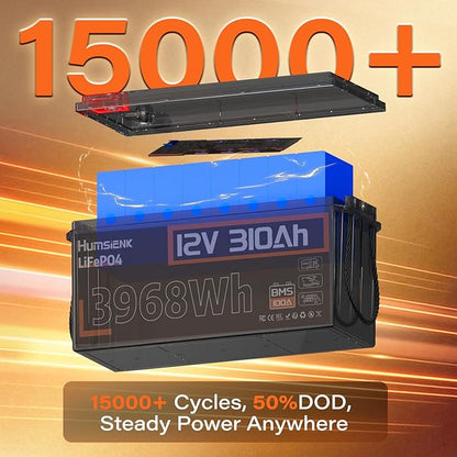 12V 300Ah (310Ah) LiFePO4 Lithium Battery – Max. 3968Wh, 15000+ Deep Cycle Battery with 100A BMS, Low-Temp Cutoff | A+ Grade Cells for Marine, Trolling Motor, Off-Grid Home Energy Storage, Van Life