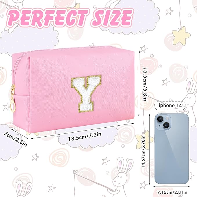 Initial Makeup Bag Personalized Preppy Travel Small Cosmetic Bag Cute PU Pink Chenille Letter Makeup Pouch for Purse Waterproof Zippered Toiletry Organizer for Women Girls Kids Friends (Y)