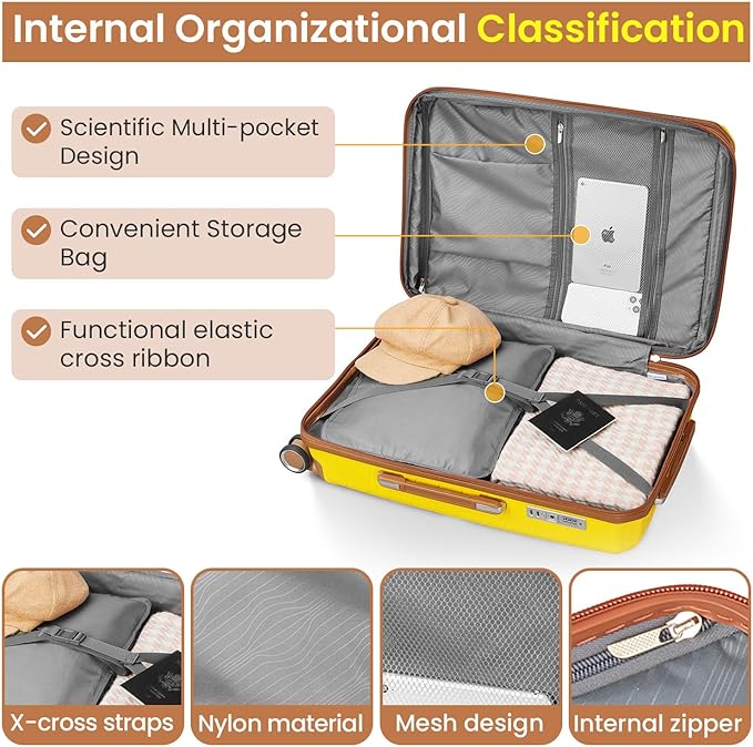 Merax Luggage 4 Piece Set Hardside Expandable Suitcase Set with Case,Travel Luggagewith Spinner Wheels,Airplane Approved Carry On Luggage Sets,Yellow,14/20/24/28
