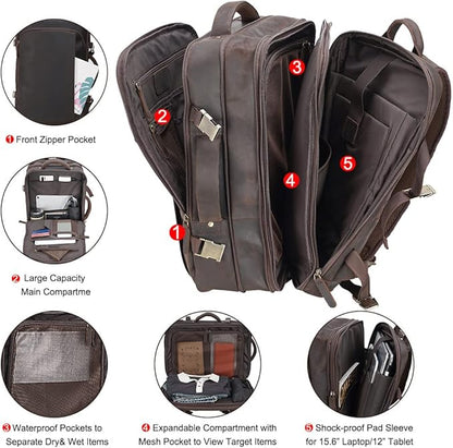 Masa Kawa Leather 15.6 Inch Laptop Backpack for Men Expandable 36L Business Travel Rucksack Daypack Weekender Bag