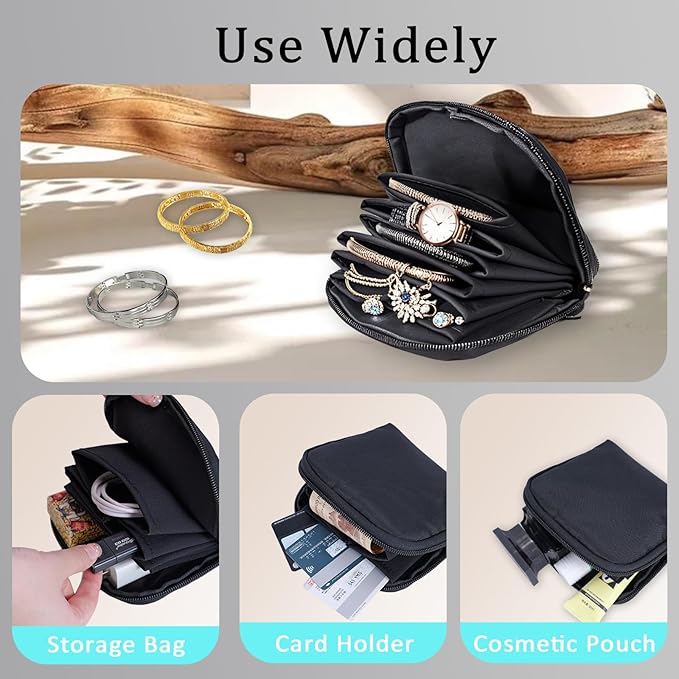 Jewelry Travel Organizer Bag -Waterproof Portable Small Jewelry Storage Ring Binder Rolls Zipper Pouch Bag for Accessory Necklaces/ Earrings/Rings/ Bracelets During Journey/Holiday or At Home-Black