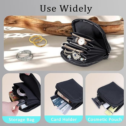 Jewelry Travel Organizer Bag -Waterproof Portable Small Jewelry Storage Ring Binder Rolls Zipper Pouch Bag for Accessory Necklaces/ Earrings/Rings/ Bracelets During Journey/Holiday or At Home-Black