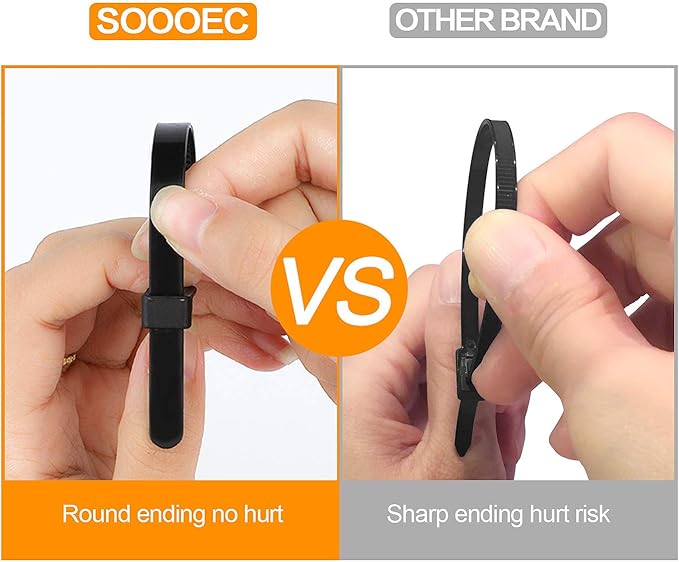 SOOOEC 100 Pack Reusable Zip Ties 8 Inch Heavy Duty Outdoor UV Resistant, Releasable Black Zip Ties Heavy Duty Indoor Round Ending No Hurt, Cable Ties Reusable Tie Wraps Non Slip Off