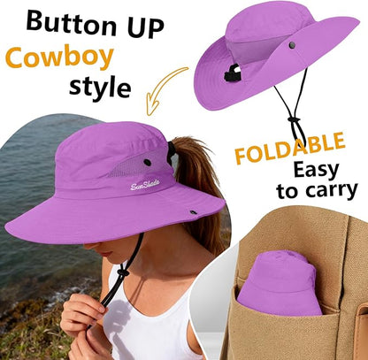 ZOORON Women's Ponytail Safari Sun Hat,Wide Brim UV Protection Outdoor Bucket Hat,Foldable Beach Summer Fishing Hat