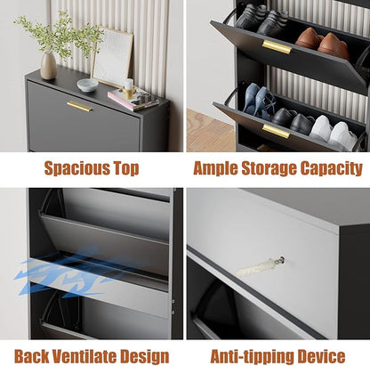 JOZZBY Shoe Cabinet Storage with 3 Flip Drawers for Entryway, Black Slim Freestanding Modern Narrow Shoe Organizer Rack Cabinet for Hallway, Living Room