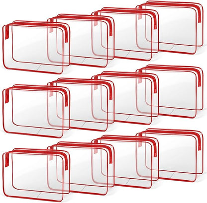 TISRATOK 12 PCS Clear Makeup Bag for Women with Zipper, TSA Approved Toiletry Pouch, Cosmetic Bag Bulk for Travel Organizer Essentials - Red, Large