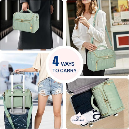 Travel Toiletry Bag Large Cosmetic Makeup Bag Organizer for Women,Wide-open Make Up Bag Waterproof Makeup Case Travel Bag with Handle and Dividers for Toiletries,Essentials,Accessories,Green