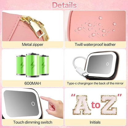 Mini Initial Makeup Bag With Led Mirror With Lights Gifts For Women Girls, Small Makeup Box For Travel Gift, Cosmetic Bag Make Up Organizer Personalized Bags Birthday Christmas Gifts For Womens (E)