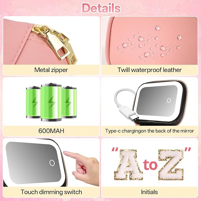 Mini Initial Makeup Bag With Led Mirror With Lights Gifts For Women Girls, Small Makeup Box For Travel Gift, Cosmetic Bag Make Up Organizer Personalized Bags Birthday Christmas Gifts For Womens (F)