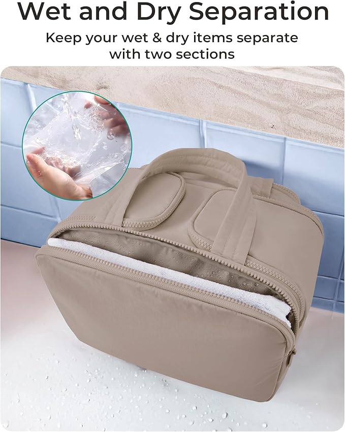 BAGSMART Travel Toiletry Bag, Crush Toiletry Bag for Women, Wide-open Puffy Toiletry Bags for Traveling, Large Travel Cosmetic Makeup Bag Organizer for Accessories,Toiletrie, Grayish Brown