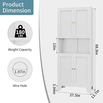69" Tall Metal Kitchen Pantry Storage Cabinet with Microwave Stand | White | Modern Freestanding Food Buffet Cabinet | Kitchen Hutch | Coffee Bar Hutch for Dining & Living Room
