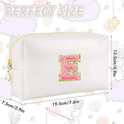 Initial Makeup Bag Personalized Preppy Travel Small Cosmetic Bag Cute PU White Chenille Letter Makeup Pouch for Purse Waterproof Zippered Toiletry Organizer for Women Girls Kids Friends (E)