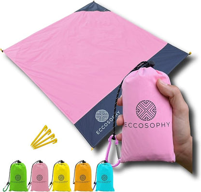 ECCOSOPHY Sand Proof Beach Blanket - Waterproof Picnic Blanket 60x55 Outdoor Compact Pocket Blanket Lightweight Ground Cover for Hiking Camping Festivals Sports Travel with Bag & Stakes (Pink)
