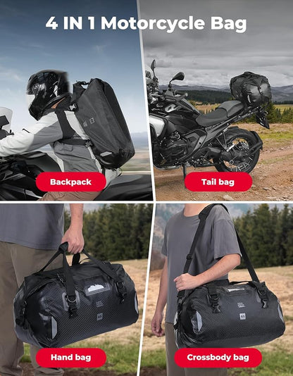 KEMIMOTO Waterproof Motorcycle Dry Bag – Duffle Tail Bag Soft Luggage, 40L/65L Large Capacity with 4 Quick-Release Straps, Dustproof for Touring, Adventure, Motorcycling & Camping