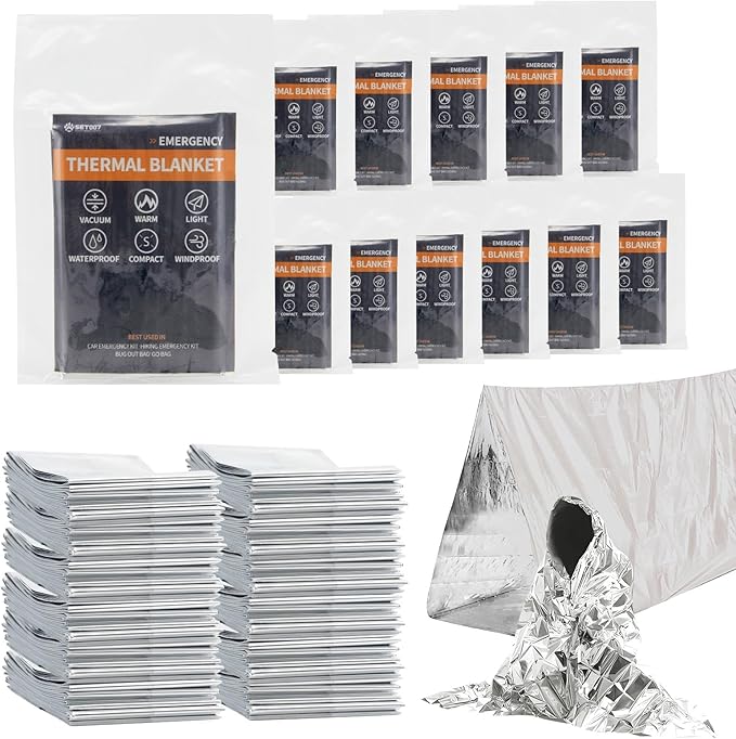 12-Pack Emergency Mylar Thermal Blankets, 82"x62" Space Blankets Foil Blanket, XL Camping Blanket for Outdoors, Hiking, Survival kit, Bug Out Bag，Marathons or First Aid, Silver