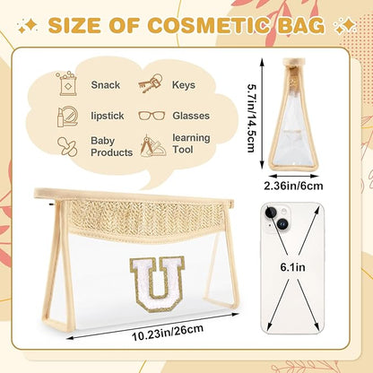 Personalized Initial Letter Bag Boho Straw Clear Makeup Bag,Small Cute Chenille Varsity Letter Pouch With Zipper,Beach Travel Toiletry,Portable Monogrammed Cosmetic Bag for Women Girls,U